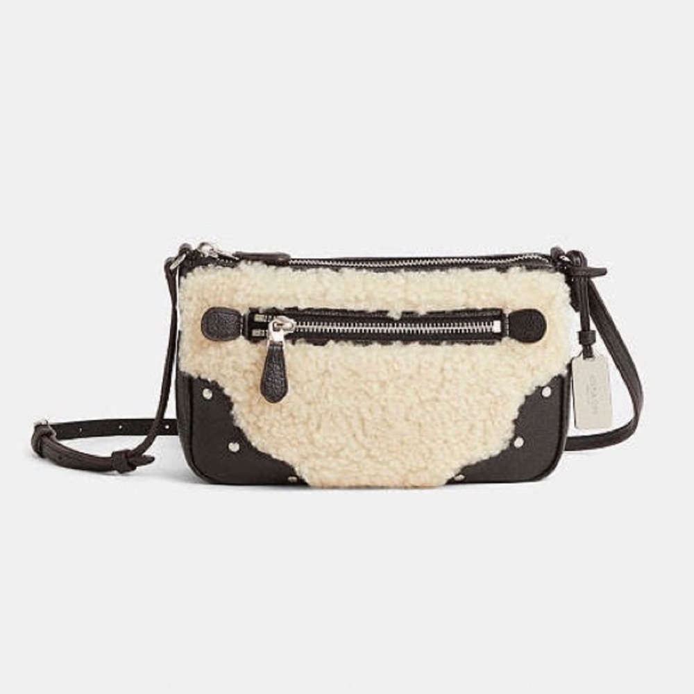$195 Coach Rhyder Pochette Black Pebble Leather Cream Shearling Crossbody Bag